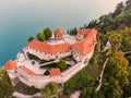 Aerial view of Lake Bled and the castle of Bled, Slovenia, Europe. Aerial drone photography. Royalty Free Stock Photo