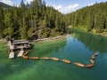 Aerial view of the Lake Braies, Pragser Wildsee is a lake in the Prags Dolomites in South Tyrol, Italy