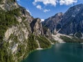 Aerial view of the Lake Braies, Pragser Wildsee is a lake in the Prags Dolomites in South Tyrol, Italy. Royalty Free Stock Photo