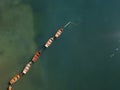 Aerial view of the Lake Braies, Pragser Wildsee is a lake in the Prags Dolomites in South Tyrol, Italy. Rowboats Royalty Free Stock Photo