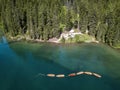 Aerial view of the Lake Braies, Pragser Wildsee is a lake in the Prags Dolomites in South Tyrol, Italy. View of rowboats moored Royalty Free Stock Photo