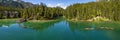 Aerial view of the Lake Braies, Pragser Wildsee is a lake in the Prags Dolomites in South Tyrol, Italy