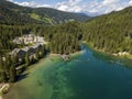 Aerial view of the Lake Braies, Pragser Wildsee is a lake in the Prags Dolomites in South Tyrol, Italy