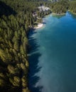 Aerial view of the Lake Braies, Pragser Wildsee is a lake in the Prags Dolomites in South Tyrol, Italy