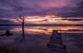 Aerial view of lake with dock under colorful sky during sunset Royalty Free Stock Photo