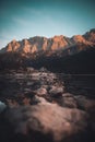 Aerial view of Lake Eibsee, Bavaria, Germany with a rock bridge leading to a small island Royalty Free Stock Photo