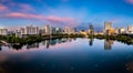 Aerial view of lake Eola and the Orlando city skyline at sunrise Royalty Free Stock Photo