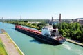Aerial view of a Lake Freighter leaving a lock in the Welland Canal, Canada