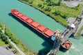 Aerial view of a Lake Freighter travelling in the Welland Canal, Canada