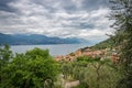 Aerial view of the Lake Garda with the village of Castelletto di Brenzone - Veneto Italy Royalty Free Stock Photo
