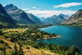 Aerial view of lake in Glacier National Park, Montana, USA, Waterton Lakes National Park is a UNESCO World Heritage Site, AI