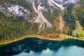 Aerial view of lake Gosausee shore in Austrian Alps Royalty Free Stock Photo