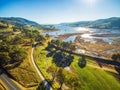 Aerial view of Lake Hume on bright sunny day. Trees casting beau