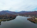 Aerial view of Lake Junaluska and forest mountain in Waynesville, North Carolina