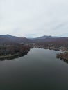 Aerial view of Lake Junaluska and forest mountain in Waynesville, North Carolina