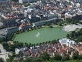 Aerial view of lake Lille Lungegardsvannet in the city center& x27;s public park of Bergen, Norway