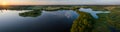 Aerial view of a lake with moorland landscape and agriculture fields.