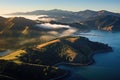 Aerial view of the lake and mountains at sunset, South Island, New Zealand, Aerial view of Marin Headlands and the Golden Gate Bay Royalty Free Stock Photo
