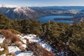 Aerial view of Lake Rotoiti with snow covered Mount Robert range in Nelson Lakes National Park, New Zealand Royalty Free Stock Photo