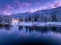 Aerial view of lake, snowy mountains, trees, purple sky at night Royalty Free Stock Photo