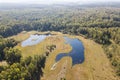 Aerial view of lake in a swampy place in sunny autumn day