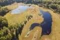 Aerial view of lake in a swampy place in sunny autumn day