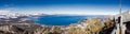 Aerial view of Lake Tahoe on a sunny winter day, Sierra mountains, California; far viewing eyepiece on the right side Royalty Free Stock Photo