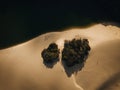 Aerial view of Lake Wabby surrounded by lush rainforest and a massive sand dune, K'gari, Fraser Island, Queensland Royalty Free Stock Photo