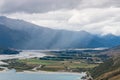 Aerial view of lake wanaka and makarora river