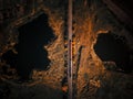 Aerial view of lakes near train track