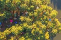 Aerial view of lakeside reservoir camping tents area, nature environment landscape. Pang Ung, Mae Hon Son, Northern, Thailand. Royalty Free Stock Photo