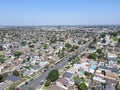 Aerial view of Lakewood middle class neighborhood, city in Los Angeles County, California