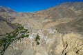 Aerial view of Lamayuru village and Lamayuru Monastery or Gompa is a tibetan style buddhist monastery in Ladakh Royalty Free Stock Photo