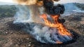 Aerial view of a landfill fire with flames and thick smoke billowing into the sky Royalty Free Stock Photo