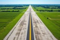 aerial view of landing strip with taxiway lines