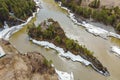 Aerial view of landmark in the Altai Territory Patmos Island with a monastery church and a suspended wooden bridge Royalty Free Stock Photo