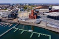 Aerial view of the landmarks of Cardiff Bay, Wales