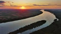 Sunset on Danube river aerial view