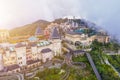Aerial view of landscape is castles covered with fog at the top of Bana Hills, the famous tourist destination of Da Nang, Vietnam