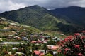 Aerial view landscape cityscape of Kundasang village valley hill and building house home with Gunung Kinabalu mountain at Kota Royalty Free Stock Photo