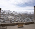 Aerial view landscape and cityscape of Leh Ladakh Village with Himalayas or Himalaya mountain in Jammu and Kashmir, India Royalty Free Stock Photo