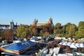 Aerial view landscape cityscape of old town at Speyer from ferris wheels and people travel playing toy amusement park in carnival