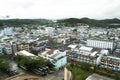 Aerial view landscape and cityscape with traffic road of Betong town in southern thai from top of resort hotel at Betong on August