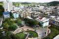 Aerial view landscape and cityscape with traffic road of Betong town in southern thai from top of resort hotel at Betong on August