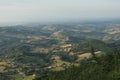 Aerial view of landscape with fields, mountains, woods, on sunset. natural background. Travel concept Royalty Free Stock Photo