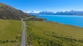 Aerial view of Landscape view of mountain range near Aoraki Mount Cook and the road leading to Mount Cook Village in New zealand Royalty Free Stock Photo