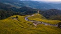 Aerial view landscape of Mountain in Twilight time nature flower Tung Bua Tong Mexican sunflower field ,Mae Hong Son,Thailand Royalty Free Stock Photo