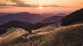 Aerial view landscape of Mountain in Twilight time nature flower Tung Bua Tong Mexican sunflower field ,Mae Hong Son,Thailand Royalty Free Stock Photo