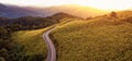 Aerial view landscape of Mountain in Twilight time nature flower Tung Bua Tong Mexican sunflower field ,Mae Hong Son,Thailand Royalty Free Stock Photo