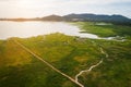 Aerial view landscape nature Water flow to river and grass background at sunset. copy space. beautiful landscape at sunset aerial Royalty Free Stock Photo